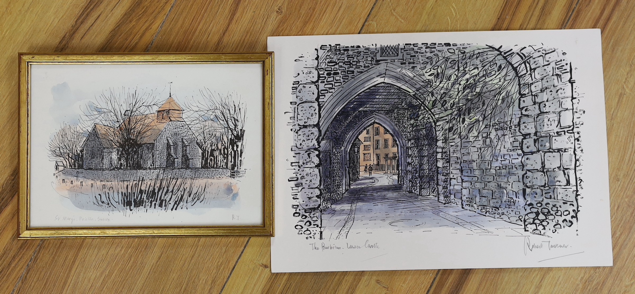 Robert Tavener (1920-2004), three hand coloured prints, 'The Barbican, Lewes Castle', 'St. Mary's, Friston, Sussex' and Downland scene, all signed and inscribed in pencil, 21 x 30cm (2) and 14 x 20cm